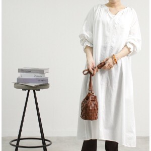 Casual Dress V-Neck Cambric Puff Sleeve Cotton Embroidered