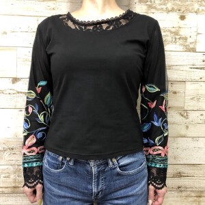 T-shirt Long Sleeves T-Shirt Floral Pattern Rhinestone Embroidered Cut-and-sew