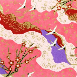 手染友禅紙(菊全判)1000×660 継ぎ紙に鶴と紅白梅 ピンク[日本製 手刷り]