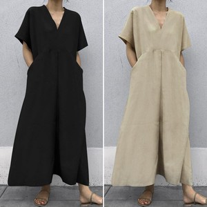 Casual Dress Plain Color V-Neck Cotton Linen One-piece Dress Ladies' M