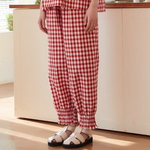【新着商品】2色ギンガムチェック裾スモッキング刺繡パンプキンパンツ/ワイドパンツ/サーカスパンツ