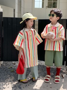 韓国スタイル　ストライプ　ボーイズシャツorガールズワンピース　ベビー　新生児　キッズ　子供服