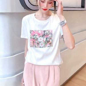 T-shirt Pudding Flowers Embroidered Cotton Blend Cut-and-sew