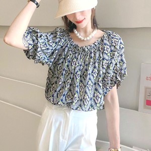 Button Shirt/Blouse Off-The-Shoulder flower Cut-and-sew