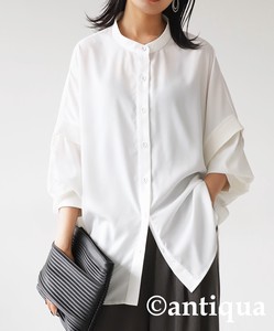 Antiqua Button Shirt/Blouse Plain Color Long Sleeves Tops Stand-up Collar Ladies'