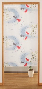【和風のれん】暖簾　柳に金魚 　らんちゅう 水面　ヤナギ  ブルー　和柄　85×150