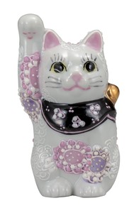 日本の伝統工芸品【九谷焼】 K8-1434 3.2号招き猫 花むらさき