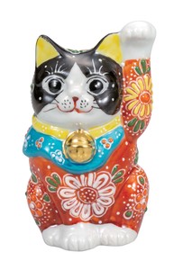 日本の伝統工芸品【九谷焼】 K8-1451 3.3号招き猫 黒赤盛