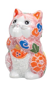 日本の伝統工芸品【九谷焼】 K8-1455 2.7号お祈り猫 ピンク盛
