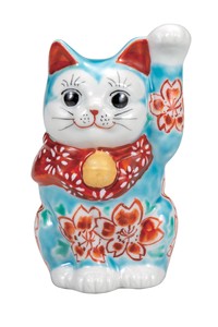 日本の伝統工芸品【九谷焼】 K8-1484 3.3号招き猫 トルコ青釉桜