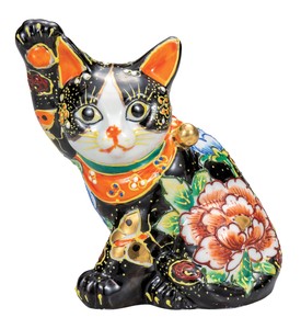 日本の伝統工芸品【九谷焼】 K8-1494 5.5号横座招き猫 黒盛花と蝶