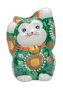 日本の伝統工芸品【九谷焼】 K8-1499 4号両手招き猫 緑盛