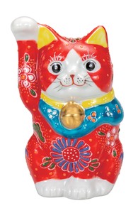 日本の伝統工芸品【九谷焼】 K8-1511 4号招き猫 南天赤盛