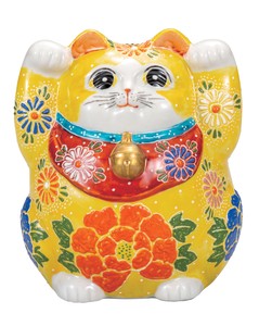 日本の伝統工芸品【九谷焼】 K8-1525 5号両手招き猫 黄盛