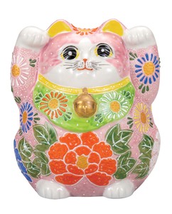 日本の伝統工芸品【九谷焼】 K8-1526 5号両手招き猫 ピンク盛