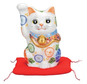 日本の伝統工芸品【九谷焼】 K8-1551 7号招き猫 白盛 布団付