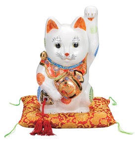 日本の伝統工芸品【九谷焼】 K8-1558 9号小槌持ち招き猫 白盛 布団付