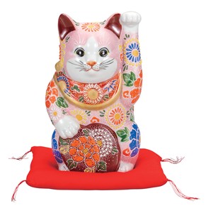 日本の伝統工芸品【九谷焼】 K8-1559 7号小判招き猫 ピンク盛 布団付