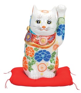 日本の伝統工芸品【九谷焼】 K8-1561 8号招き猫 白盛 布団付