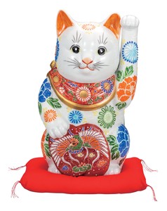 日本の伝統工芸品【九谷焼】 K8-1570 10号小判招き猫 白盛 布団付