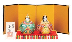 日本の伝統工芸品【九谷焼】 K8-1679 3号玉雛人形 緑盛 台・敷物・立札・屏風付