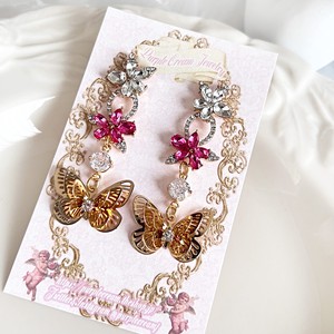 Pierced Earrings Gold Post Gold Pink Flowers Retro
