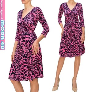 Casual Dress Navy Pink V-Neck One-piece Dress 7/10 length