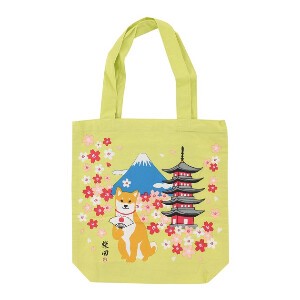 A4サイズのトートバッグ　内ポケット付き あっぱれしばた  桜　富士山　五重塔　ライトグリーン