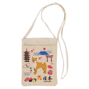 ミニショルダーバッグ もてなししばた 柴犬　犬　日本　寿司　富士山　だるま 桜　ナチュラル　　24x17.5cm
