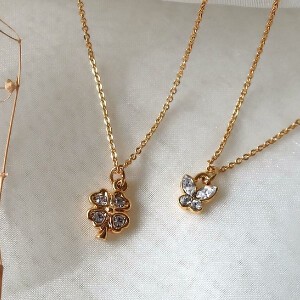 Gold Chain Necklace Flower Butterfly Pendant Clover Jewelry Made in Japan