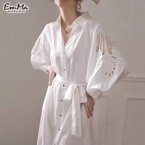 【2023新作】 EF0718 デザインシャツワンピース 袖刺繍 長袖 ホワイト エレガント ロング丈