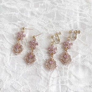 プリティピンクフラワーピアス・イヤリング(clip-on earrings) P1518 アクセサリー お花 ハート かわいい