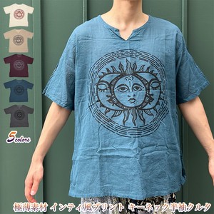 極薄素材  インティ風プリント キーネック 半袖クルタ エスニック 太陽神 メンズ レディース シャツ