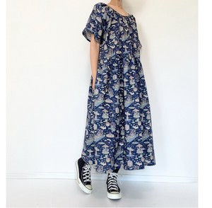 【handmade】Summer Amusement Park Short Sleeve Raglan Dress  Cotton Dark Navy