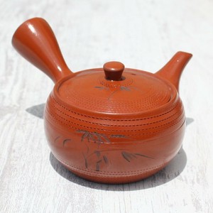 中国製　朱泥竹彫急須　ステンレス茶漉し