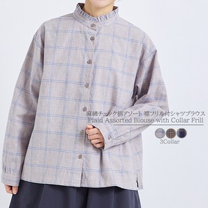 Button Shirt/Blouse Plaid Cotton Linen