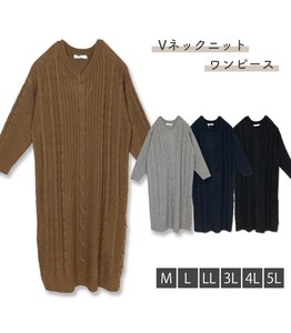 レディース ニット 長袖 ケーブル編み マキシ スリット ワンピース セーター 無地 大きいサイズ M~5L