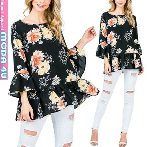 Button Shirt/Blouse Floral Pattern black Tops 7/10 length