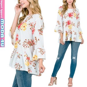 Button Shirt/Blouse Floral Pattern Tops 7/10 length