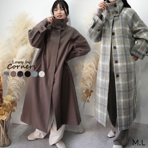 Coat Plain Color Long Coat Check Outerwear Stand-up Collar Autumn/Winter