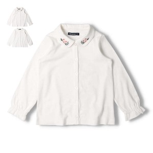 衿お花刺繍・レース白長袖ブラウス　M60500　やわらかいスムース素材、入園入学、カジュアル、綿100%