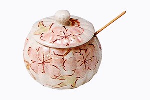 紫泉窯　桜絵　薬味入（竹匙付）　【日本製 京焼・清水焼 匙付薬味入】