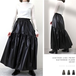 Skirt Gathered Flare Skirt Leather-like Print