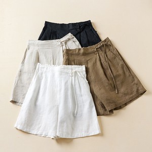 Short Pant Plain Color Cotton Linen Ladies'