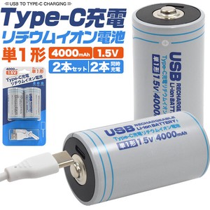画期的！Type-Cケーブルでダイレクトに充電！　Type-C充電リチウムイオン充電池(単1形×2本セット)