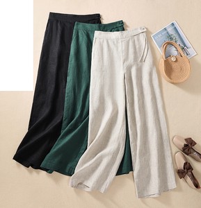 Full-Length Pant Plain Color Cotton Linen Wide Pants Ladies' Straight