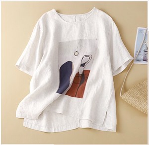 T-shirt Plain Color T-Shirt Cotton Linen Ladies'