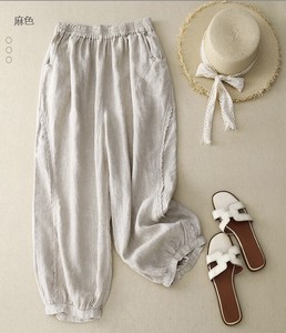 Full-Length Pant Plain Color Cotton Linen Casual Ladies'
