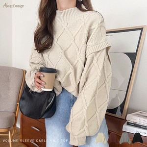 Sweater/Knitwear Diamond-Patterned Knitted High-Neck Tops Puff Sleeve