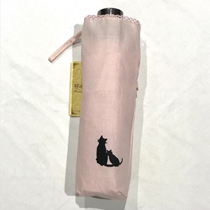 綿×麻生地　猫プリント 桜手元 3段丸ミニ 折りたたみ傘 晴雨兼用 UVカット 天然素材